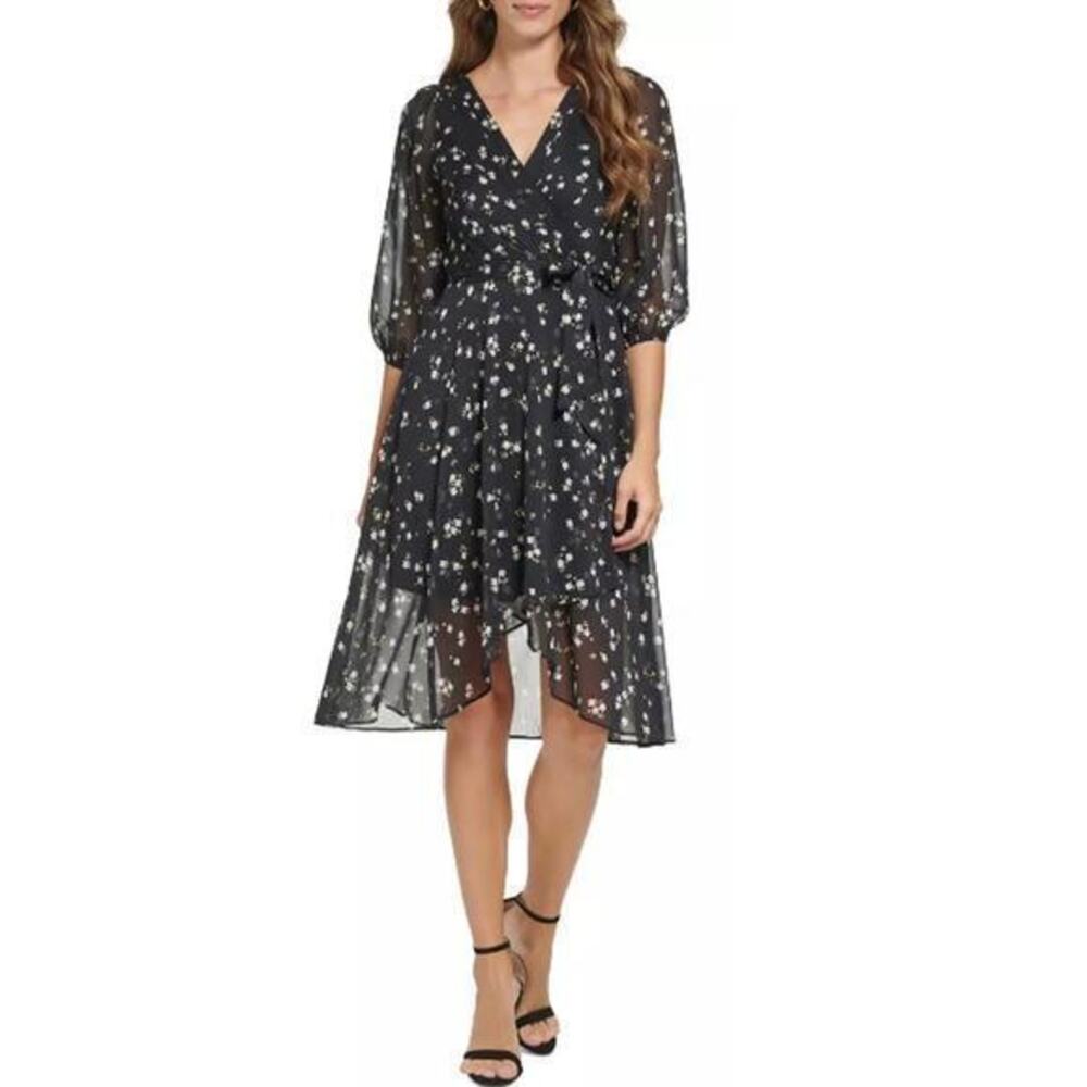 DKNY Women's Black Floral 3/4 Sleeve Ruffle Hi-Low Belted Wrap Dress Size 18w